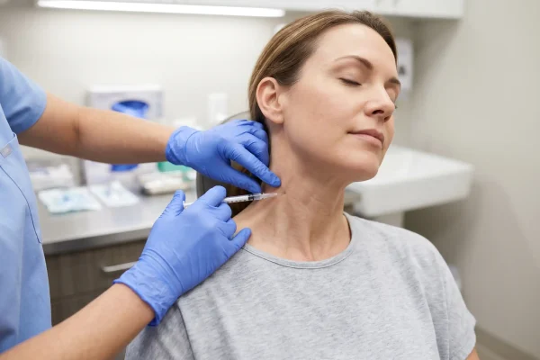 Neuromodulator injection along neck bands during a non-surgical neck lift