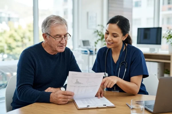 Older man reviewing lab results during a sermorelin anti-aging consultation