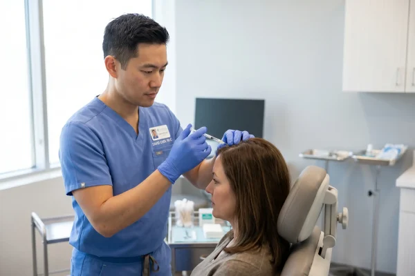 PA performing PRP hair therapy scalp injection at a clinic