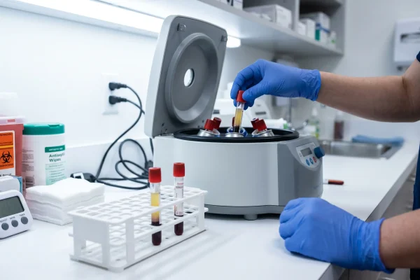 PRP preparation showing a blood draw and centrifuge for platelet-rich plasma therapy