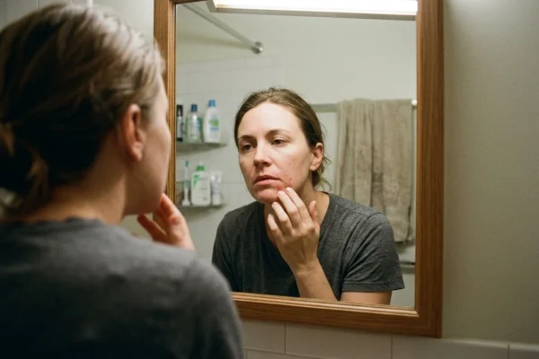 Patient checking minor redness near the mouth after Botox for smile lines