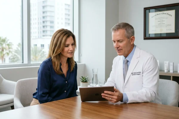 Patient consulting a board-certified aesthetic surgeon about safe dermal fillers