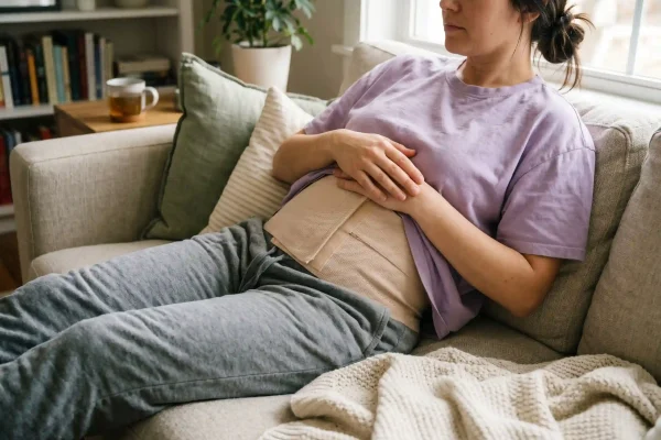 Patient in a compression garment during liposuction recovery at home