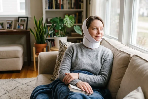 Patient in a neck compression garment during skin tightening recovery