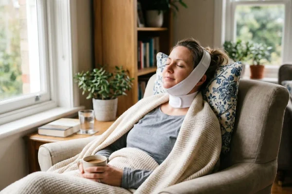 Patient in chin compression wrap during neck liposuction recovery