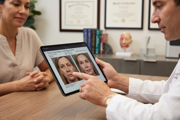 Patient reviewing before and after photos while choosing a tummy tuck surgeon