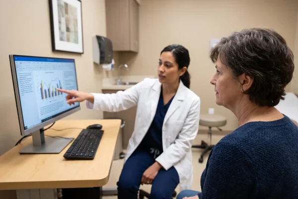 Physician assistant walking a patient through peptide injection candidacy criteria
