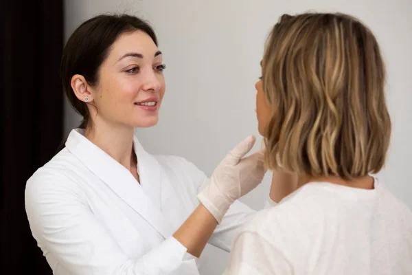 Plastic surgeon assessing a patient during plastic surgery consultation