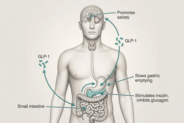 Process diagram of how the semaglutide peptide mimics GLP-1 in the gut, pancreas, and brain
