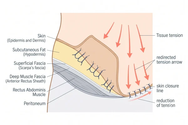 Progressive tension sutures reducing tension on a tummy tuck incision line