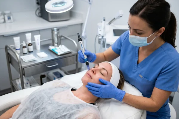 Provider performing a PRP facial with microneedling on a patient