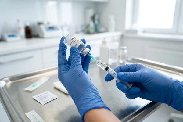 Provider preparing a human-grade NAD+ compound for injection safely