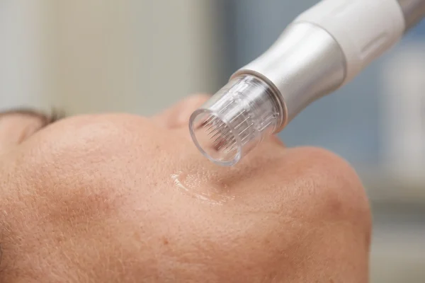 Radiofrequency microneedling handpiece treating the lower face for laxity and texture