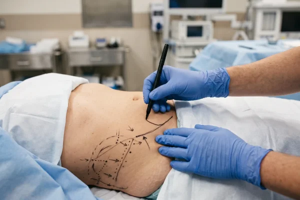 Surgeon marking the abdomen before liposuction for a PCOS patient