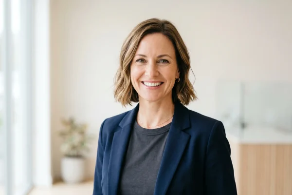 Woman in her 40s smiling after subtle baby Botox wrinkle softening