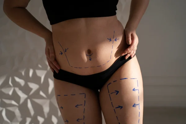 Woman with pen marks on her body before undergoing liposuction