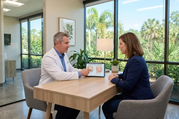 Aesthetic surgery consultation reviewing chin tightening treatment plan options