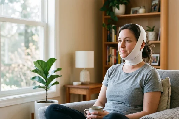 Chin compression garment worn during the first week of FaceTite recovery