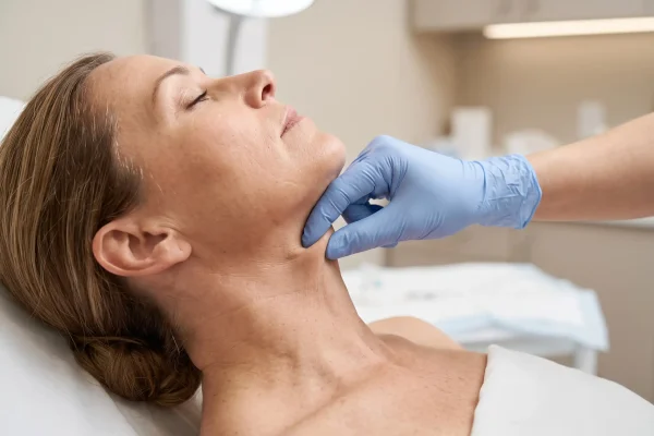 Clinician checking neck skin laxity to assess skin tightening candidacy