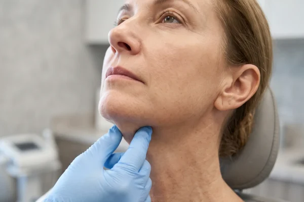 Clinician performing a pinch test to assess skin laxity before a non-surgical facelift