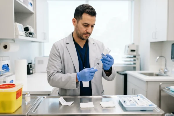 Clinician preparing a treatment, showing safe professional glutathione administration