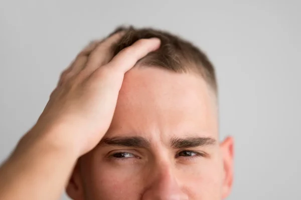 Close-up shot of a man's head before getting PRP treatment for hair loss