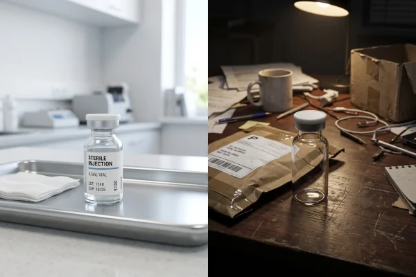 Human-grade pharmacy vial compared with an unregulated research-grade vial bought online