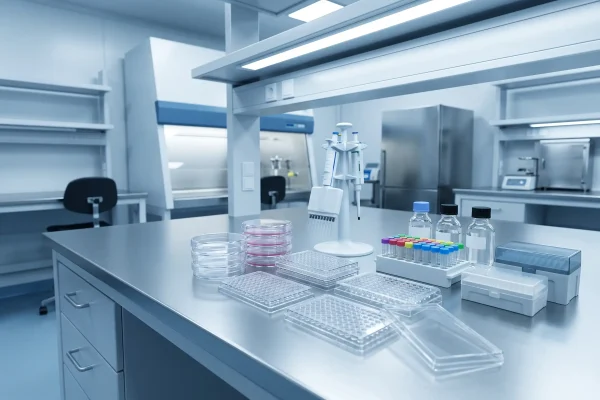 Laboratory bench with cell culture plates representing preclinical GHK-Cu research