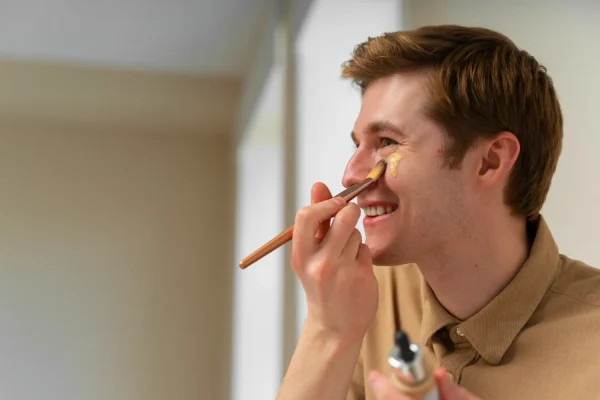 Man applying foundation on face after Botox recovery