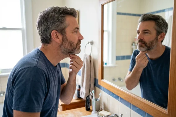 Man checking chin fat to consider neck liposuction candidacy