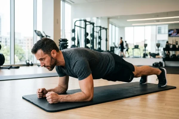 Man training his core to keep his stomach flat after high def liposuction
