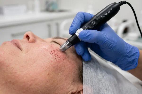 Microneedling pen rebuilding facial collagen as part of skin rejuvenation