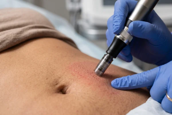 Microneedling pen treating uneven stretch mark texture on the abdomen