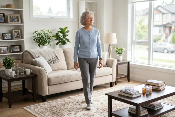 Older patient walking during tummy tuck recovery after age 60
