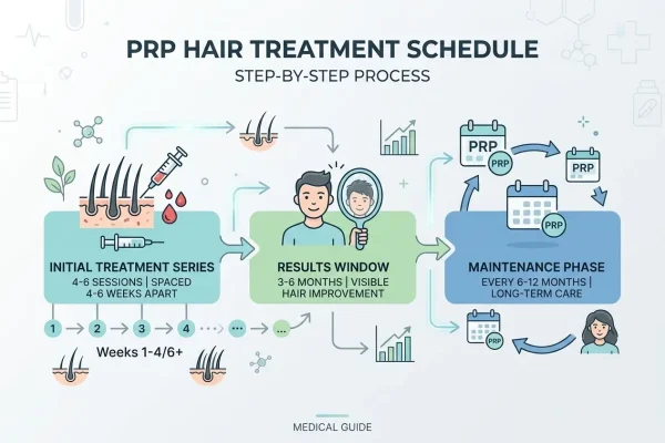 PRP hair treatment timeline showing sessions, results window and maintenance