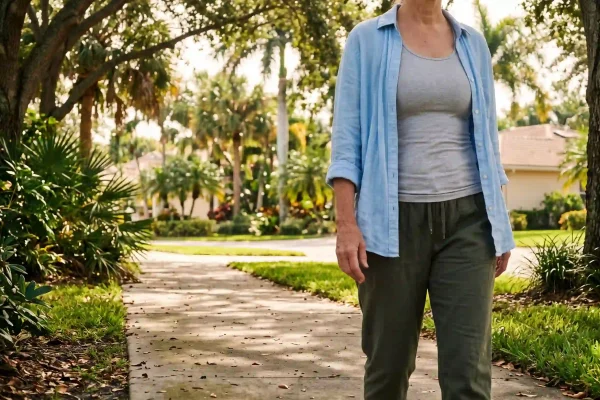 Patient wearing a compression garment while walking during tummy tuck recovery