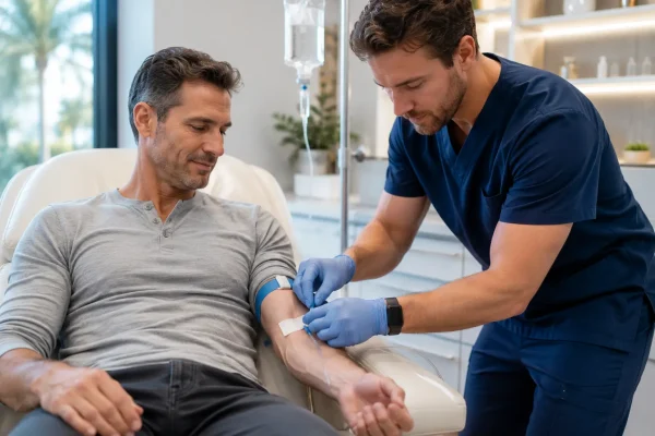 Physician assistant administering NAD+ IV therapy at a clinic