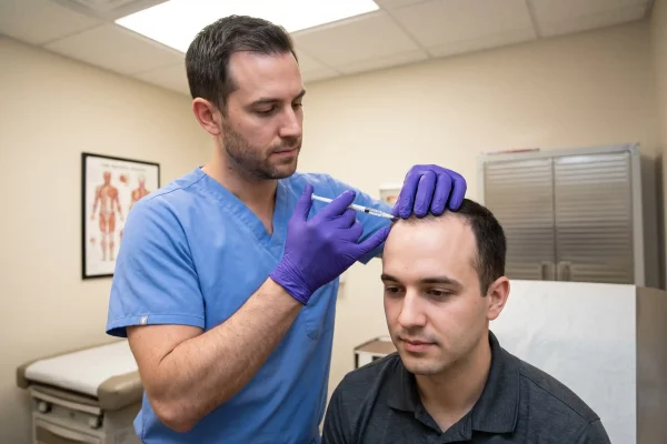 Physician assistant performing a PRP scalp injection at the frontal hairline