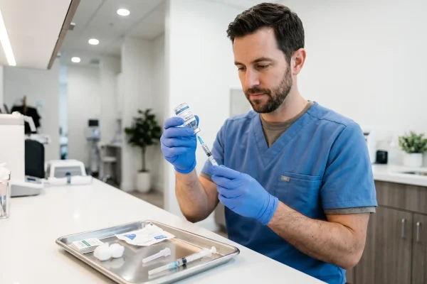 Physician assistant preparing a human-grade peptide injection at a Tampa regenerative medicine clinic