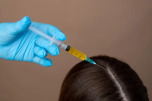 Plastic surgeon getting ready to inject PRP to a patient suffering from hair loss