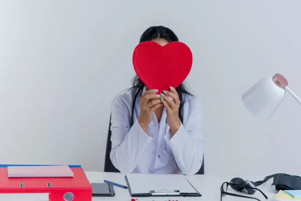 Plastic surgeon hiding behind a cut out heart they are holding