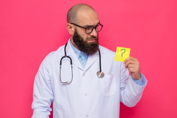 Plastic surgeon holding a post it with question mark discussing the importance of peptides