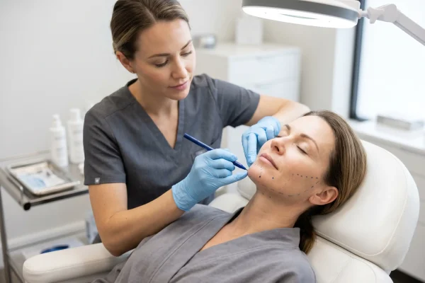 Provider mapping the face before placing PDO threads during a thread lift procedure