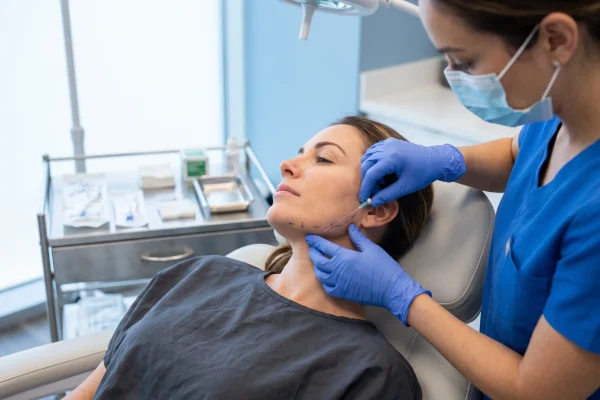 Provider placing a PDO thread with a cannula along a patient jawline