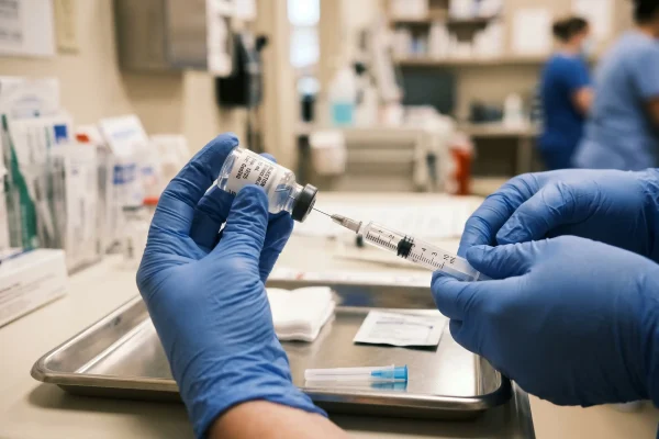 Provider preparing a human-grade compound for exosome therapy in a clinical setting