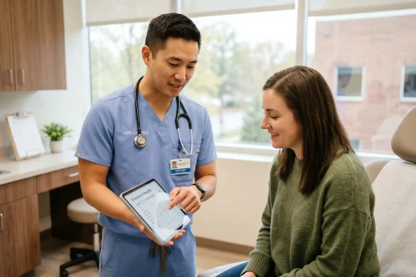Provider reviewing labs before starting tesamorelin for belly fat