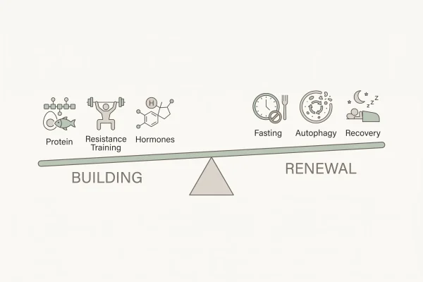 Seesaw diagram of building and renewal cycles behind the Rhythm of Longevity framework