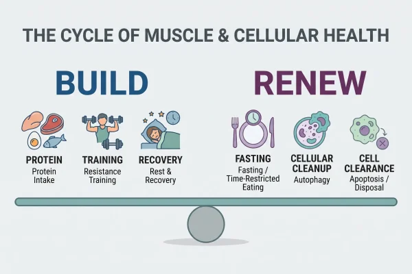 Seesaw infographic balancing building and renewal in the rhythm of longevity