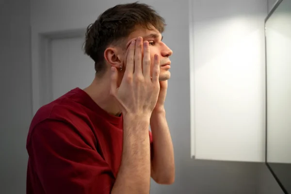 Side view of man checking his jawline fillers in front of the mirror