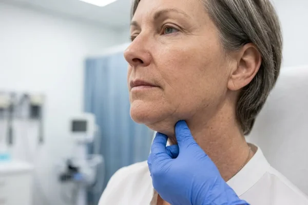 Skin pinch test on the neck checking elasticity before neck liposuction